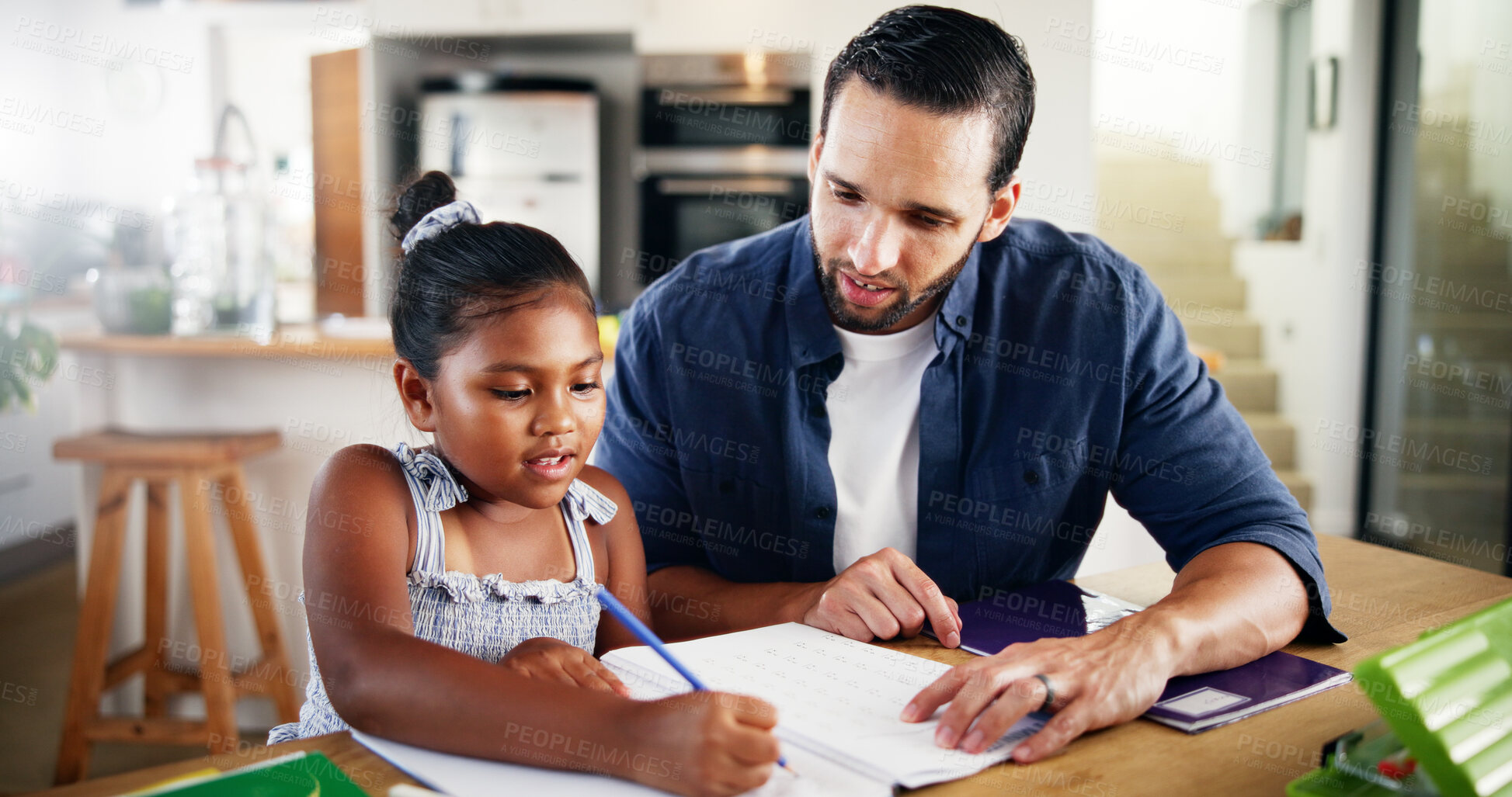 Buy stock photo Father, girl and homework with book on table for learning assessment, knowledge and support in education. Happy, family and man with child in house for development, homeschool and help with studying