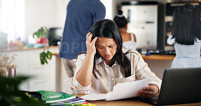 Buy stock photo Documents, remote work and stress with woman in home for deadline, planning or problem solving. Accounting, budget or finance for freelance employee in apartment with anxiety, burnout or headache