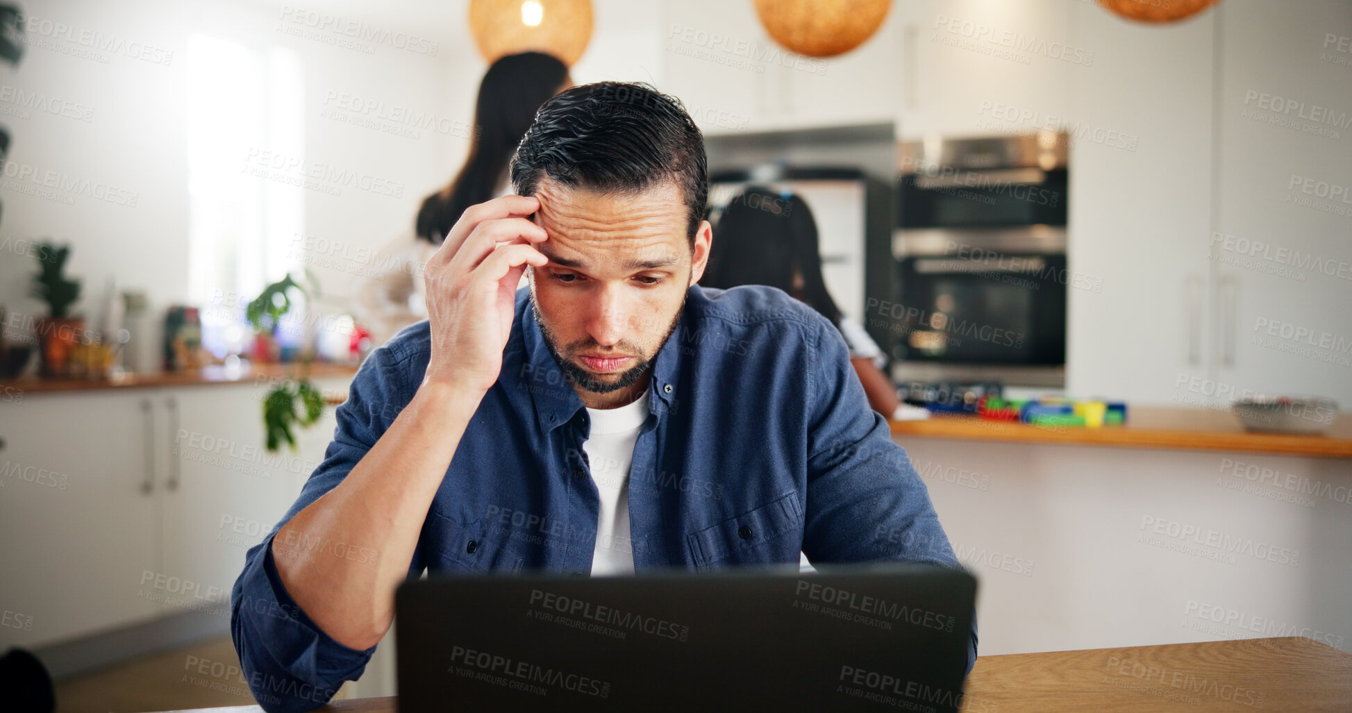Buy stock photo Anxiety, laptop and remote work with man in home for deadline, planning or problem solving. Accounting, computer or stress and confused freelance employee in apartment with burnout or headache