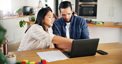Buy stock photo Savings, laptop and couple with discussion for finance, salary budget and asset management in home. Computer, man and woman planning bills for insurance, mortgage email or online banking in kitchen