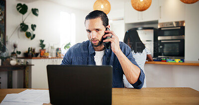 Buy stock photo Phone call, laptop and man in house with remote work for client negotiation with investment. Computer, father and male financial freelancer on mobile discussion for checking profit report in home