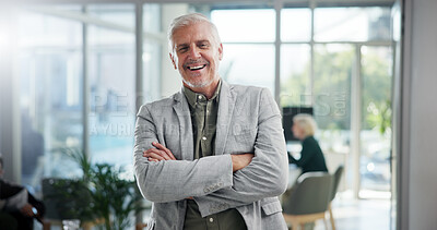 Buy stock photo Portrait, business and man with pride in office for about us, career ambition and accounting company. Mature person, arms crossed and confident as finance manager, financial experience and investment