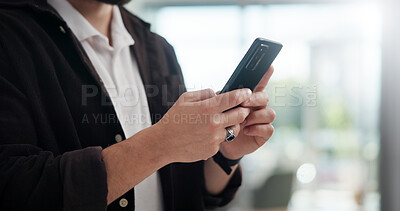 Buy stock photo Hands, office and business man with phone for networking, typing text or social media marketer online. Mobile, startup and creative worker check email, campaign or brand promotion on platform closeup