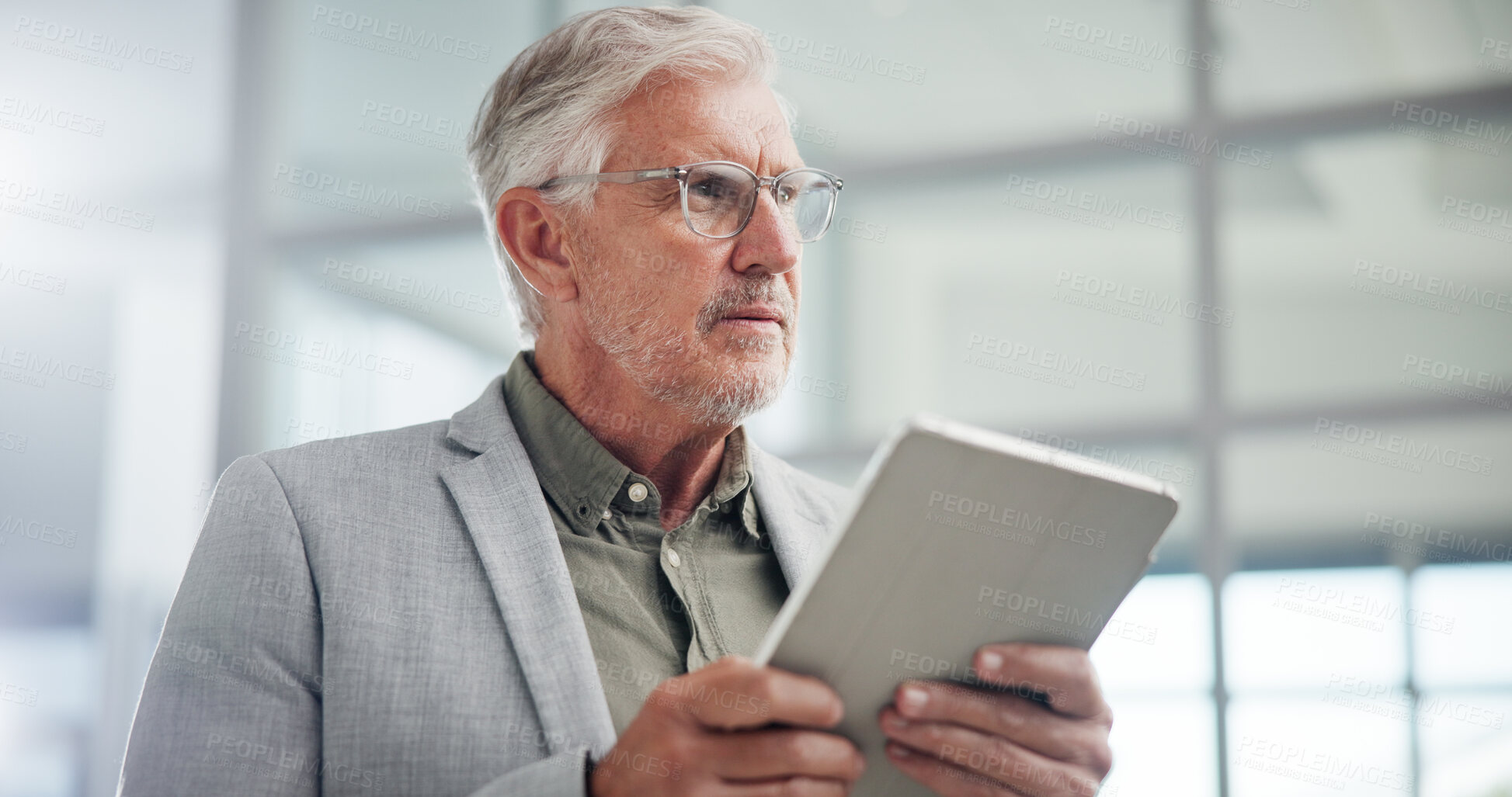 Buy stock photo Office, businessman and thinking with tablet for research, planning and lawyer for justice solution. Digital, mature person and corporate attorney with ideas for problem solving, court case and trial