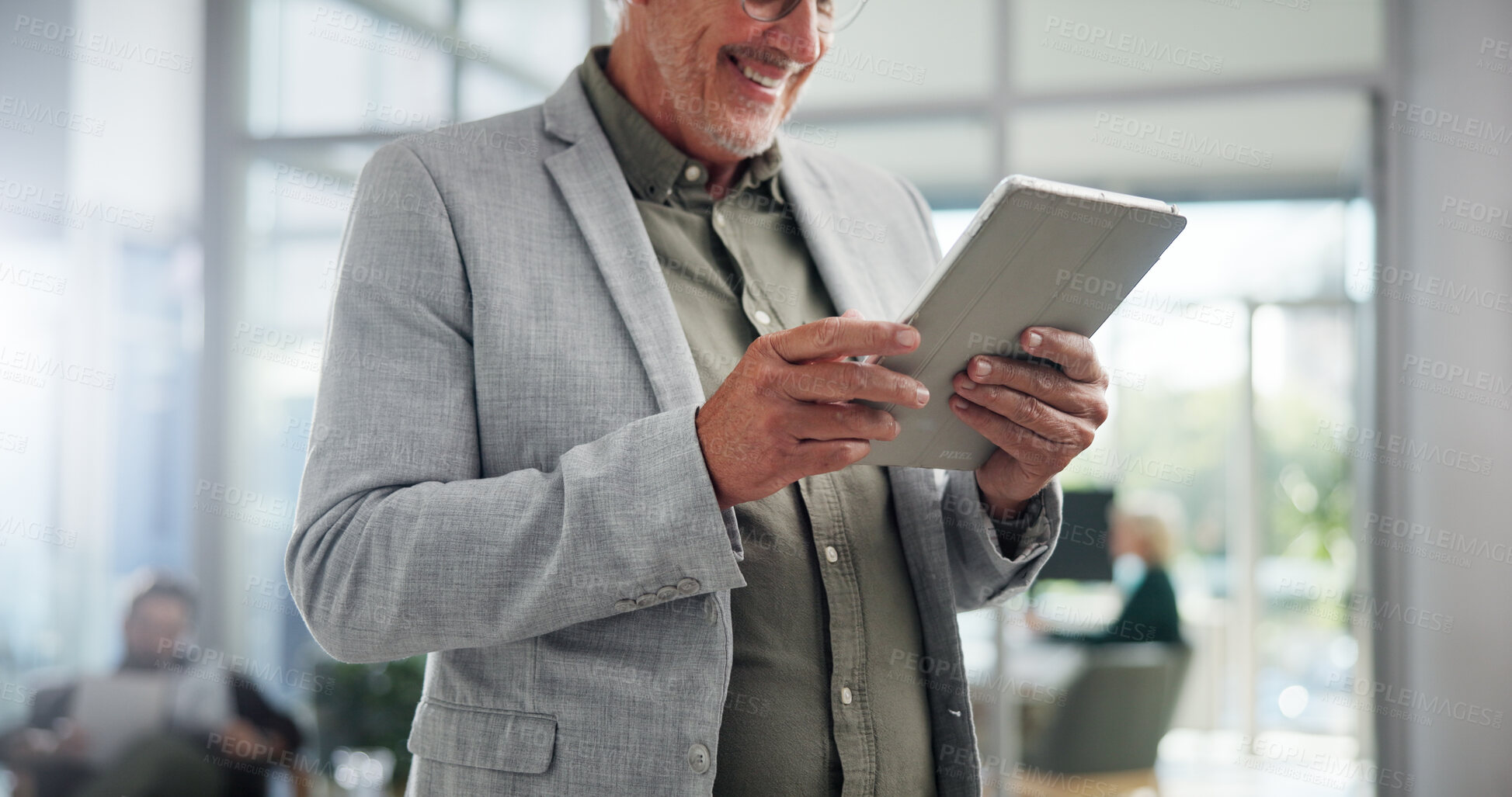 Buy stock photo Hands, smile and tablet with business man in office for administration, online planning or research. Report, review and technology with mature employee in professional workplace for email feedback
