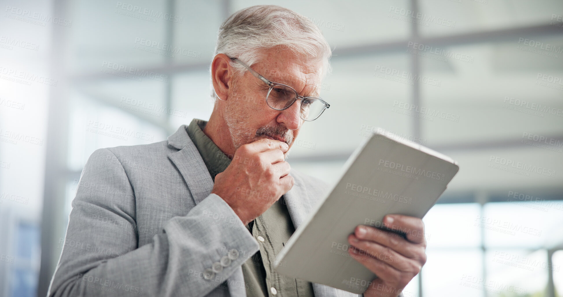 Buy stock photo Office, businessman and thinking with tablet for reading, planning and lawyer for justice solution. Tech, mature person and corporate attorney with research for problem solving, court case and trial