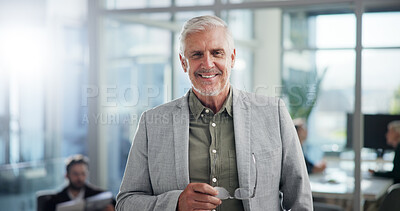 Buy stock photo Portrait, professional and happy with business man in office for event planner, pride and creative. Exhibition organizer, agency and smile with mature employee for gallery, confidence and company