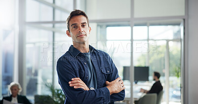 Buy stock photo Portrait, arms crossed and serious with business man in office for event planner, pride and creative. Exhibition organizer, agency and professional with male employee for gallery and confidence