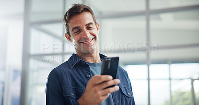 Buy stock photo Smile, office and business man with smartphone for networking, typing and social media marketer online. Mobile, startup and creative worker reading email, campaign and brand promotion on platform