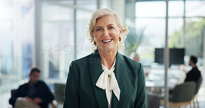 Buy stock photo Portrait, pride and smile with business woman in office for event planner, happy and creative. Exhibition organizer, agency and professional with mature employee for gallery, company and confidence
