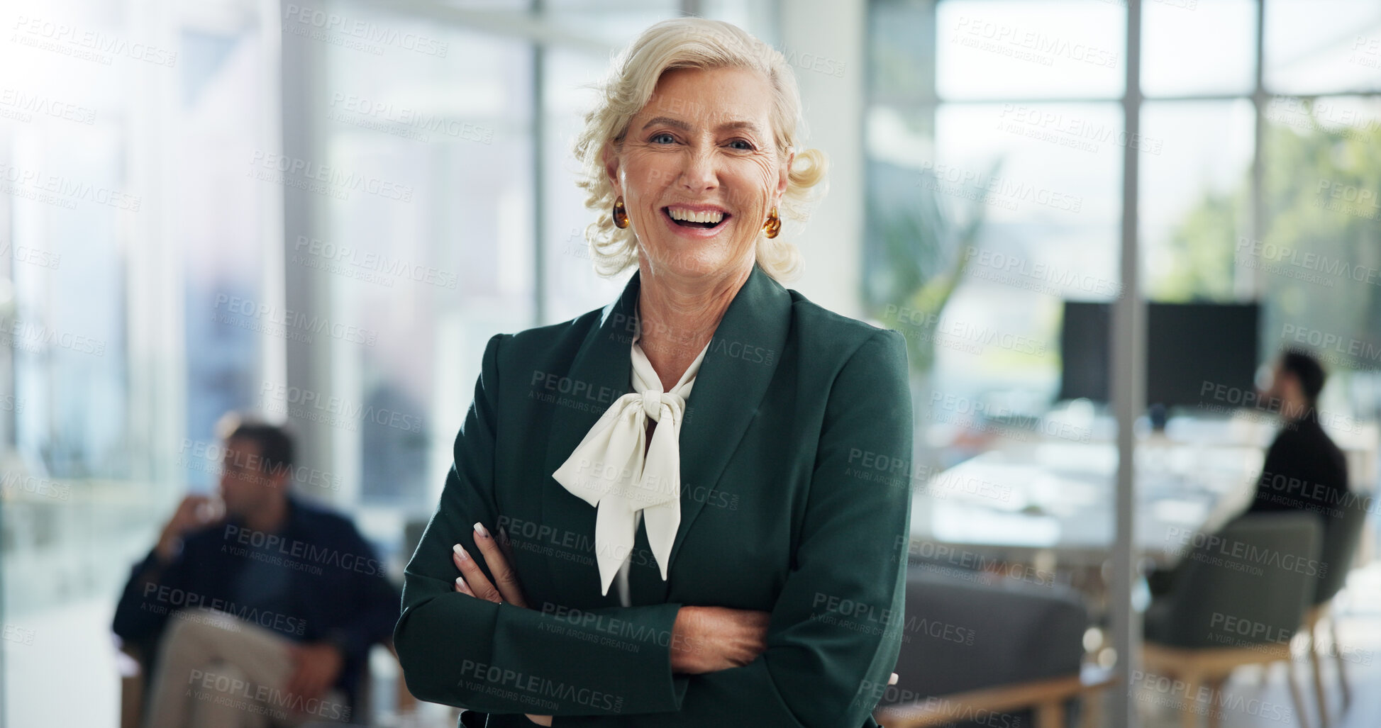 Buy stock photo Portrait, arms crossed and happy with business woman in office for event planner, pride or creative. Exhibition organizer, agency and professional with mature employee for gallery and confidence