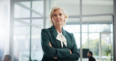 Buy stock photo Portrait, arms crossed and serious with business woman in office for event planner, pride and confidence. Exhibition organizer, agency and professional with mature employee for gallery consultant