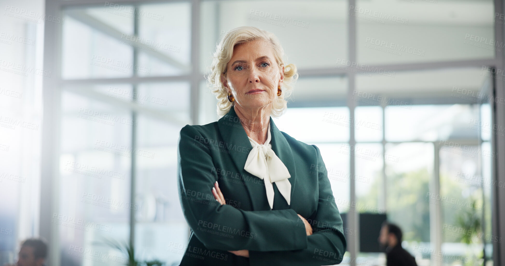 Buy stock photo Portrait, arms crossed and serious with business woman in office for event planner, pride and confidence. Exhibition organizer, agency and professional with mature employee for gallery consultant