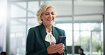 Laugh, mature and business woman with phone in office for meme, investment joke or check financial news. Mobile, corporate manager or reading funny email for profit, private equity or venture capital