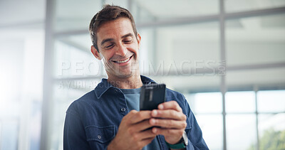 Buy stock photo Typing, office and business man with phone for networking, text message or brand specialist online. Mobile, startup and happy creative worker reading email, campaign and promotion on social media