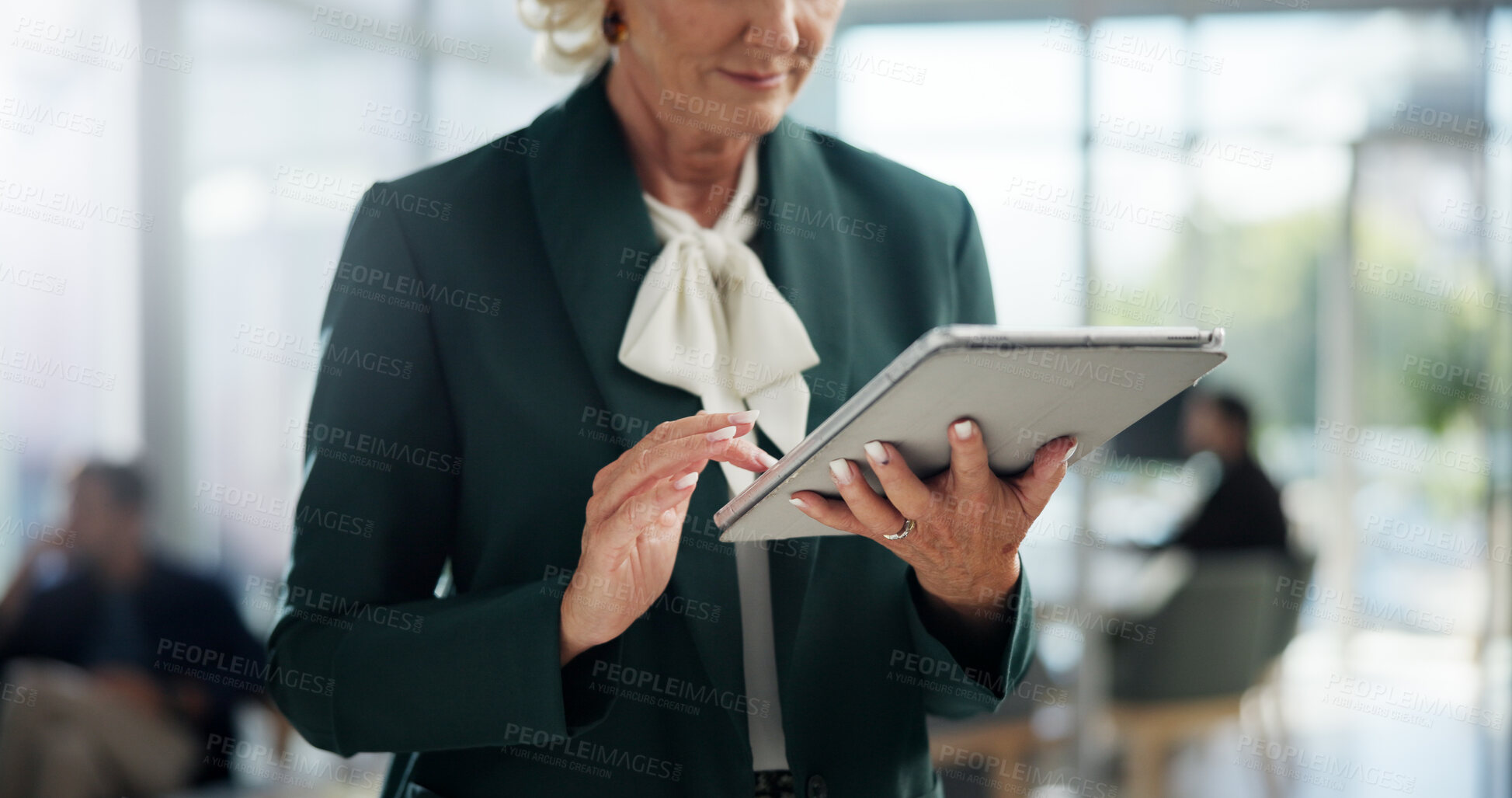 Buy stock photo Business, hands and tablet with person in office for administration, online planning or research. Report, review and technology with corporate employee in professional workplace for email feedback
