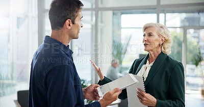 Buy stock photo Client, meeting and tablet with business people in office for negotiation, feedback and planning. Advisor, consulting and proposal with employee in agency for contract policy, review and project