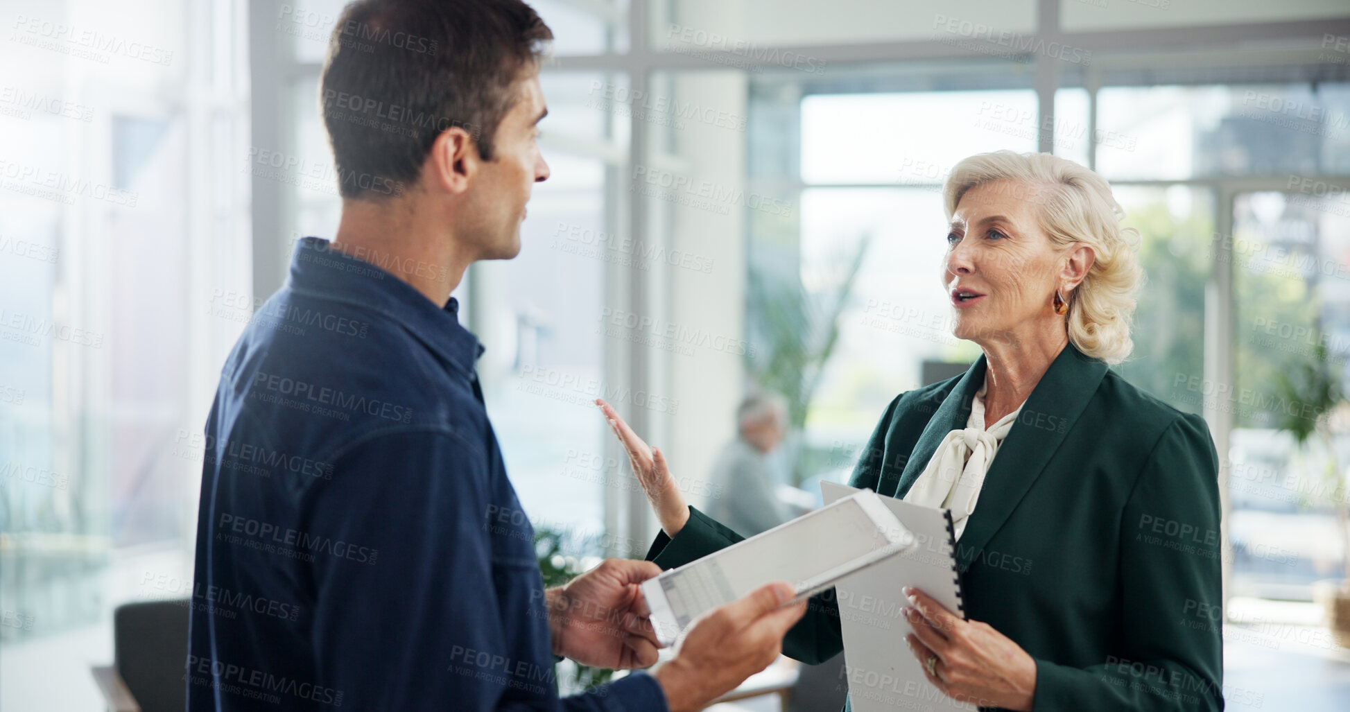 Buy stock photo Client, meeting and tablet with business people in office for negotiation, feedback and planning. Advisor, consulting and proposal with employee in agency for contract policy, review and project