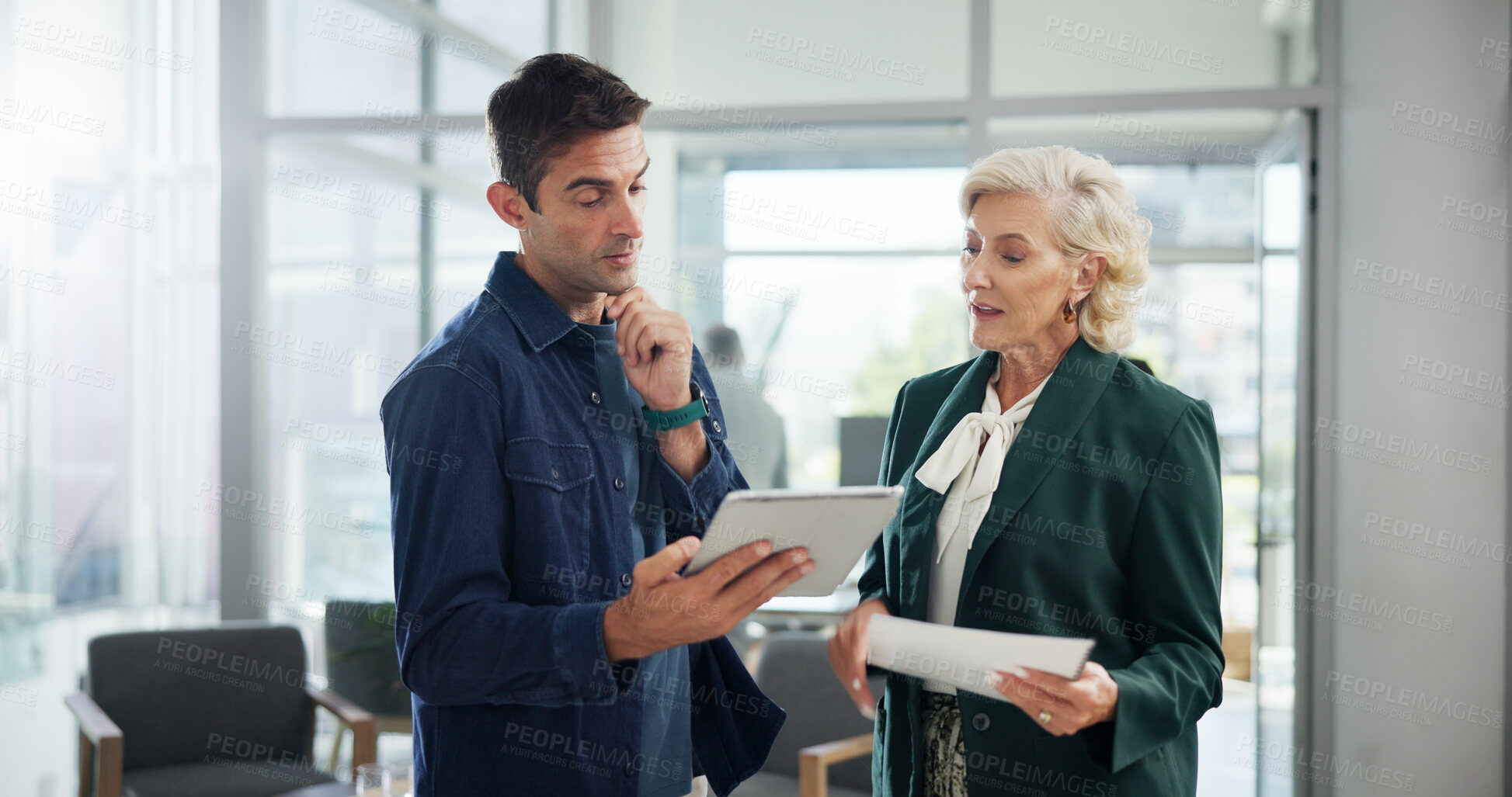 Buy stock photo Meeting, thinking and business people on tablet for planning, discussion and project collaboration. Corporate, office and manager with man on digital tech for research, online proposal and feedback