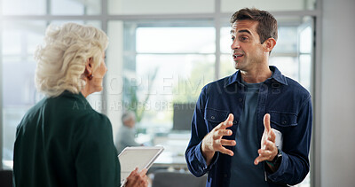 Buy stock photo Meeting, office and business people with tablet for planning, discussion and project collaboration. Corporate, company and manager with man on digital tech for research, online proposal and feedback