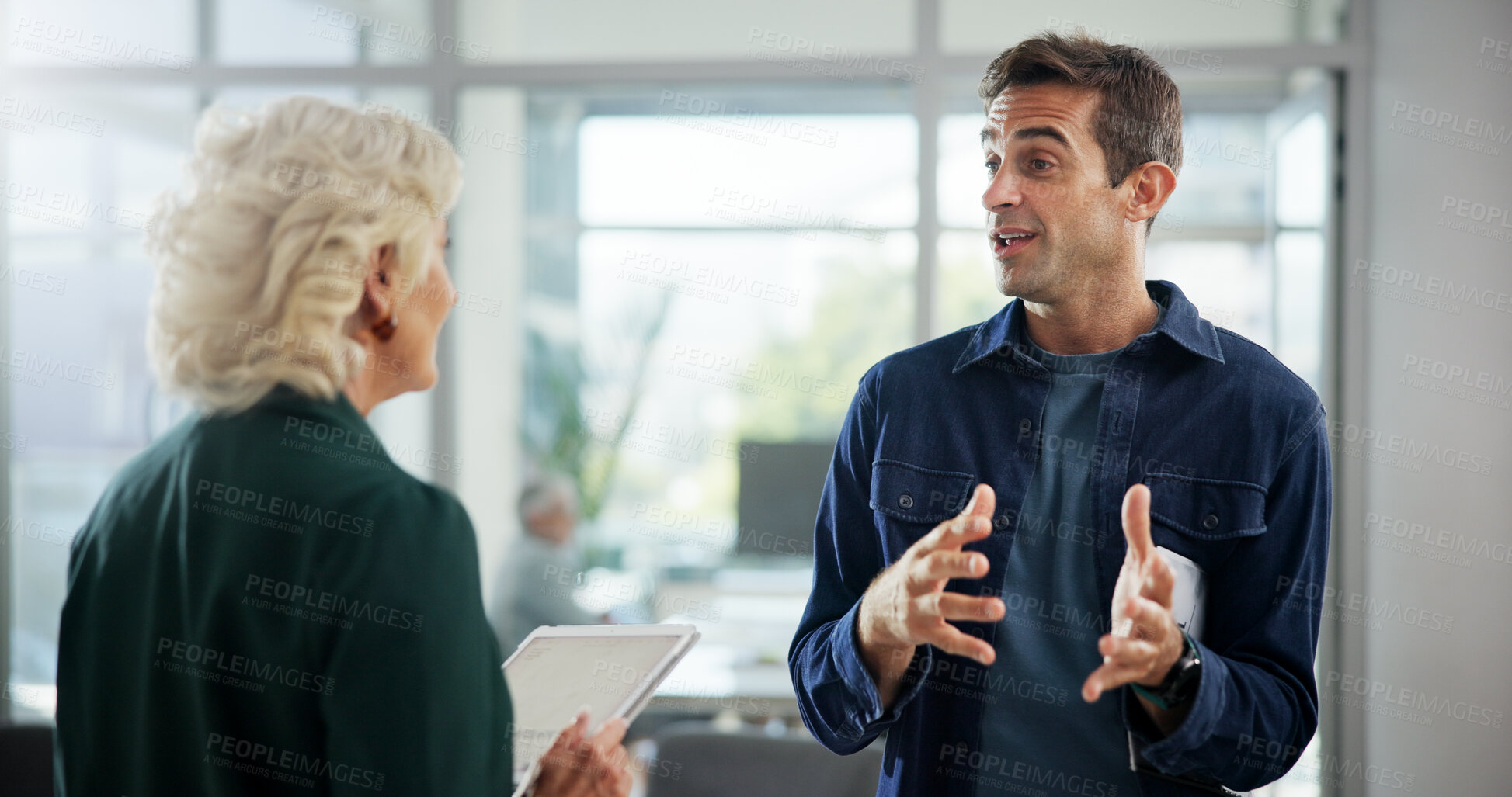 Buy stock photo Meeting, office and business people with tablet for planning, discussion and project collaboration. Corporate, company and manager with man on digital tech for research, online proposal and feedback
