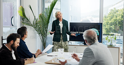 Buy stock photo Climate change, meeting and proposal with business people in office boardroom for going green initiative. Computer screen, pitch and presentation with corporate team in workplace for sustainability