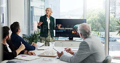 Buy stock photo Climate change, meeting and presentation with business people in office boardroom for going green initiative. Computer screen, pitch and proposal with corporate team in workplace for sustainability