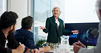 Computer screen, meeting and presentation with business people in office boardroom for coaching or development. Pitch, proposal or training with corporate team in workplace for upskill workshop