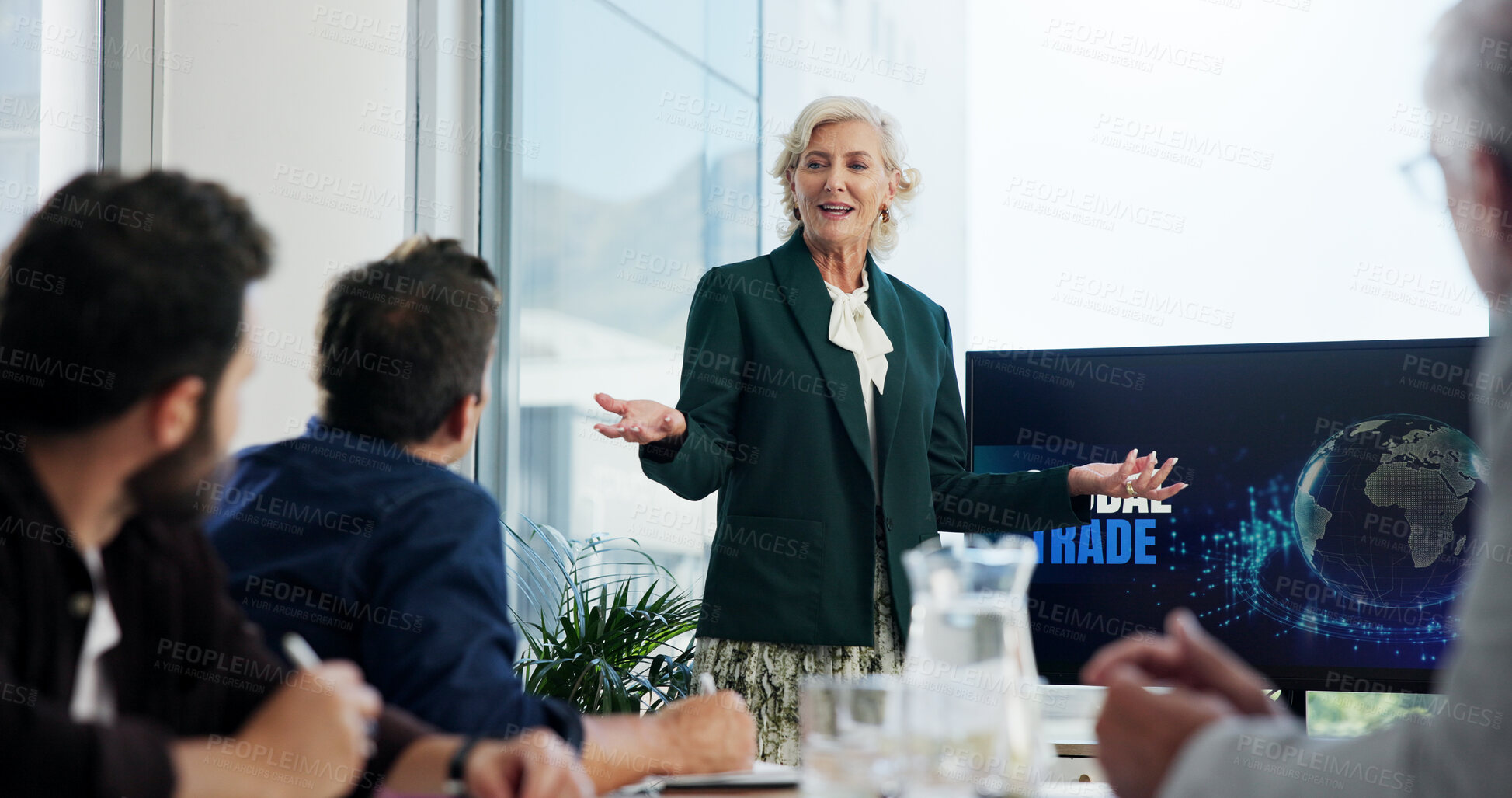 Buy stock photo Computer screen, meeting and presentation with business people in office boardroom for coaching or development. Pitch, proposal or training with corporate team in workplace for upskill workshop