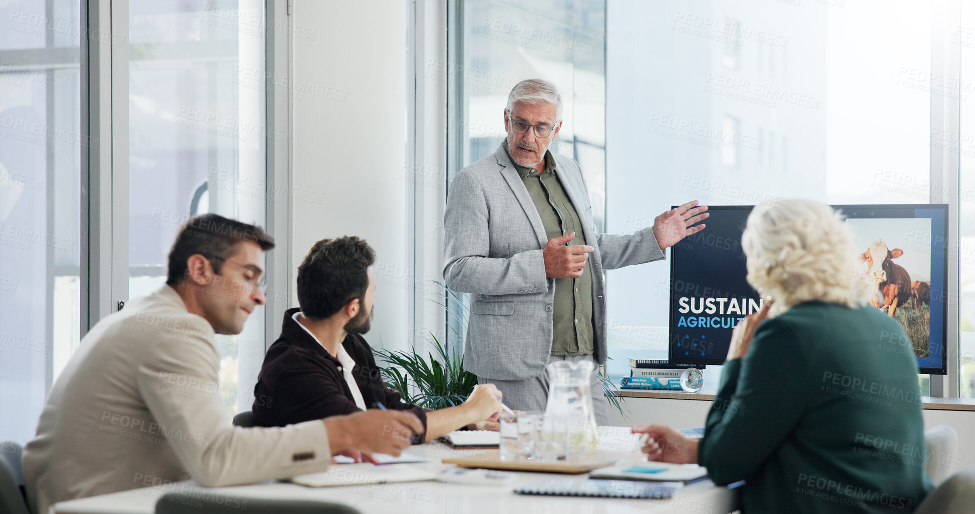 Buy stock photo Presentation, team and mature businessman in office with sustainable company for farming investment. Discussion, meeting and financial manager with group of investors for agriculture planning.