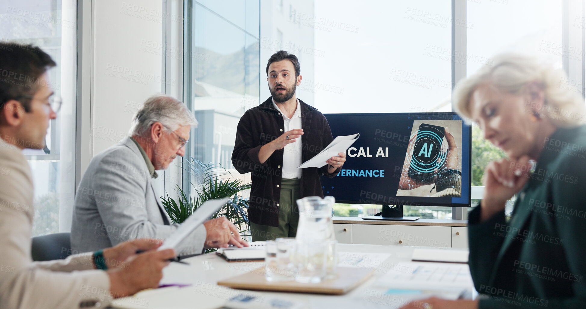 Buy stock photo Presentation, paperwork and businessman in office with team for AI governance system. Discussion, professional and IT developer with investors for investment planning with corporate cybersecurity.