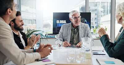 Buy stock photo Planning, happy and group meeting in boardroom, collaboration and communication for global trade. Teamwork, mature people and negotiation for international investment, economic trends and business