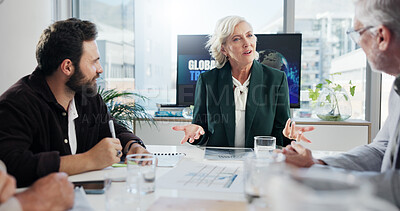 Buy stock photo Discussion, group and business meeting in boardroom, collaboration and negotiation for global trade. Teamwork, colleagues and people with documents for international investment, trader and ideas