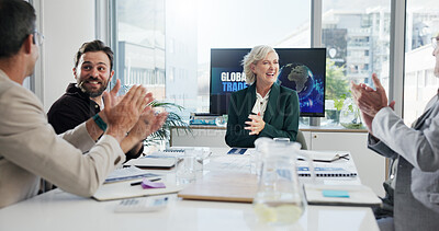 Buy stock photo Success, group and applause for deal, meeting and happy for achievement in boardroom or global trade. Clapping, accomplishment and people with joy in business, celebration or international investment