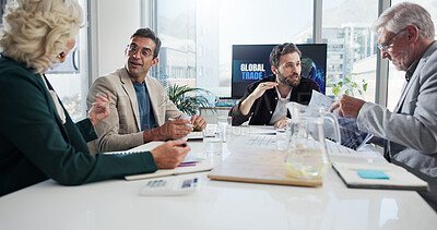 Buy stock photo Collaboration, group and meeting in boardroom, conversation and negotiation for global trade in business. Teamwork, colleagues and people with documents for international investment, trader and ideas
