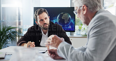 Buy stock photo Collaboration, men and meeting in boardroom, conversation and negotiation for global trade in business. Teamwork, colleagues and people with documents for international investment, trader and ideas