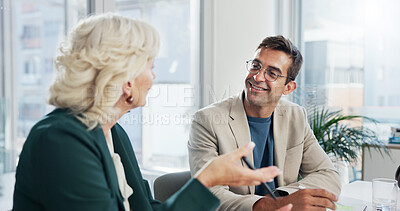 Buy stock photo Client, meeting and discussion with business people in office for negotiation, feedback and planning. Advisor, consulting and proposal with employee in agency for contract policy, review and project