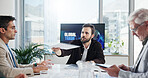 Negotiation, group and documents in meeting, collaboration and serious for global trade in business. Teamwork, colleagues and people with paperwork for international investment, trader and ideas