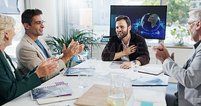 Buy stock photo Success, group and applause in meeting, business and proud of achievement in boardroom and global trade. Clapping, happiness and people with smile for project, celebration or international investment