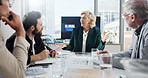 Planning, talking and group meeting in boardroom, collaboration and communication for global trade. Teamwork, mature people and negotiation for international investment, economic trends and business