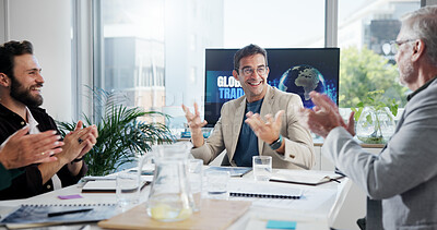 Buy stock photo Applause, finance and meeting with business people in office boardroom together for bonus, goals or target. Accounting, budget and clapping with employee team in workplace for investment success
