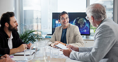 Buy stock photo Collaboration, finance and meeting with business people in office boardroom together for portfolio management. Accounting, budget and conversation with employee team in workplace for investment