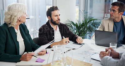 Buy stock photo Budget, documents and meeting with business people in office boardroom together for portfolio management. Accounting, finance and conversation with employee team at work for investment or planning