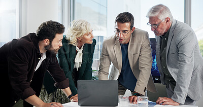 Buy stock photo Collaboration, colleagues and group with laptop, planning and review of economic trends on website. Teamwork, reading and discussion for investment in company, financial analyst and tech for project