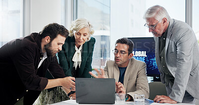 Buy stock photo Review, colleagues and group with laptop, planning and collaboration for economic trends on website. Teamwork, reading and discussion for investment in company, financial analyst and tech for project