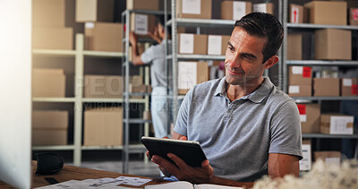 Buy stock photo Checklist, logistics and tablet with man in distribution depot for online order or update. Boxes, computer and stock inspection with employee in office for delivery, shipping or supply chain