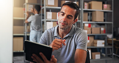 Buy stock photo Logistics, tablet and thinking with man in distribution depot for inspection, schedule or update. Boxes, checklist and supply chain with courier in office for delivery, ecommerce or shipping report