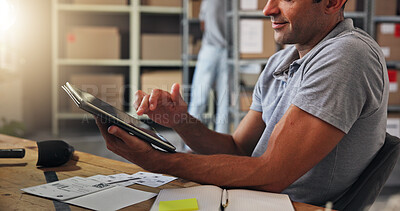 Buy stock photo Hands, supply chain and tablet with man in distribution depot for checklist or inventory update. Boxes, logistics and online order with employee in office for delivery, ecommerce or shipping