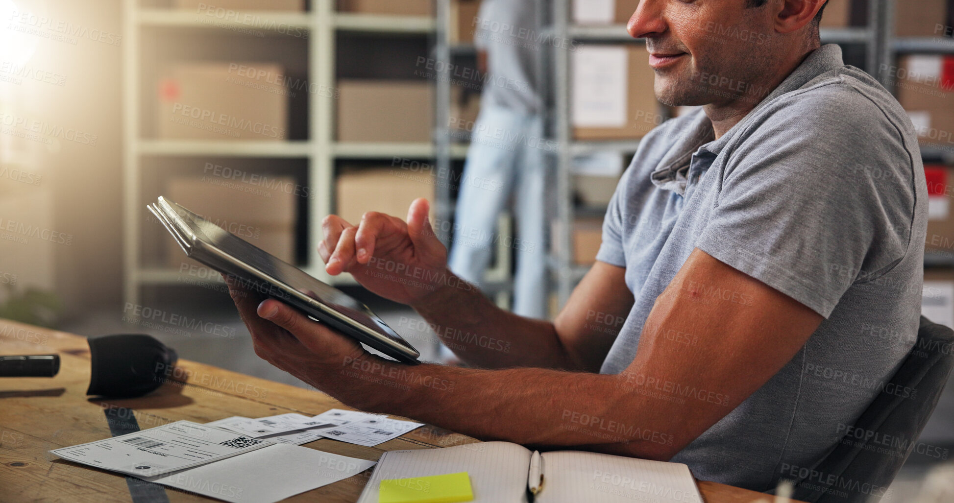 Buy stock photo Hands, supply chain and tablet with man in distribution depot for checklist or inventory update. Boxes, logistics and online order with employee in office for delivery, ecommerce or shipping