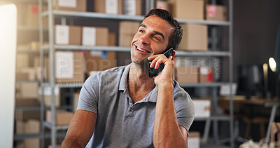 Buy stock photo Logistics, phone call and smile with man in warehouse for communication or update. Boxes, conversation and supply chain with employee in distribution office for delivery, ecommerce or shipping